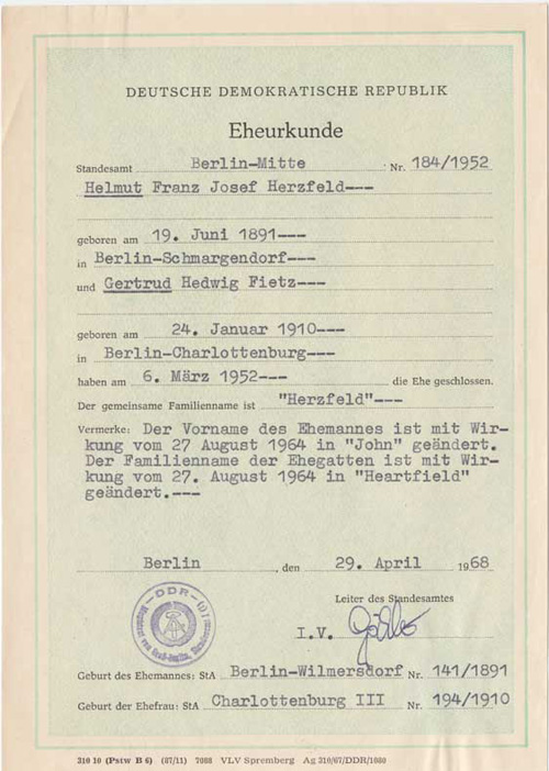 heartfield european exhibitions after Heartfield Marriage Certificate, 1968